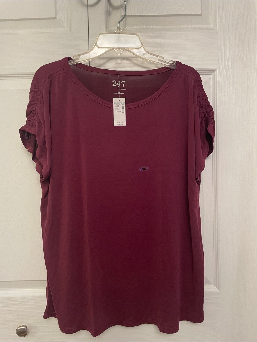 NWT 24/7 Maurices XL Plum Color Short Sleeve Top Ruched or Shirred  Shoulders